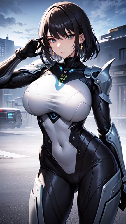 Milf, woman in a futuristic suit, highly detailed face, cool, mom, tomboy, very large breast, (Milf), mature face, (mature female), battlesuit, cybersuit, anime girl wearing tight suit, milfication, Elegant body, navel focus, naked body, gloves, earrings, legs armor, science fiction, female protagonist, standing, volumetric light, detailed lighting, detailed textures, oppai cyberpunk, biomechanical oppai, masterpiece, best quality eyes, sci-fi background, futuristic landscape