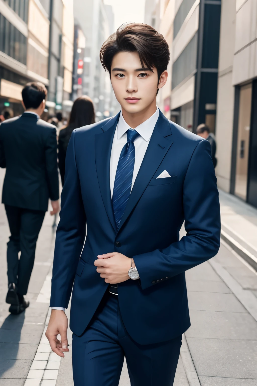 A fresh and handsome 20-year-old new employee、（Super cool guy in a suit）、Japan male, 20 years old、1 person、Businessman、Ultra-luxury suits、Striped suit、　office、Young handsome man standing in a suit、（High-definition photos in 8K）、（Very detailed handsome man）、Photo realistic）、（highest quality）、Ultra-detailed、masterpiece、Ultra HD、expensive、Very beautiful hair、Bright photo、Handsome like a model、Handsome like an idol、Luxury Watches、