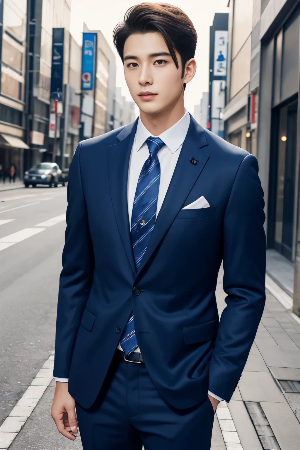 A fresh and handsome 20-year-old new employee、（Super cool guy in a suit）、Japan male, 20 years old、1 person、Businessman、Ultra-luxury suits、Striped suit、　office、Young handsome man standing in a suit、（High-definition photos in 8K）、（Very detailed handsome man）、Photo realistic）、（highest quality）、Ultra-detailed、masterpiece、Ultra HD、expensive、Very beautiful hair、Bright photo、Handsome like a model、Handsome like an idol、Luxury Watches、