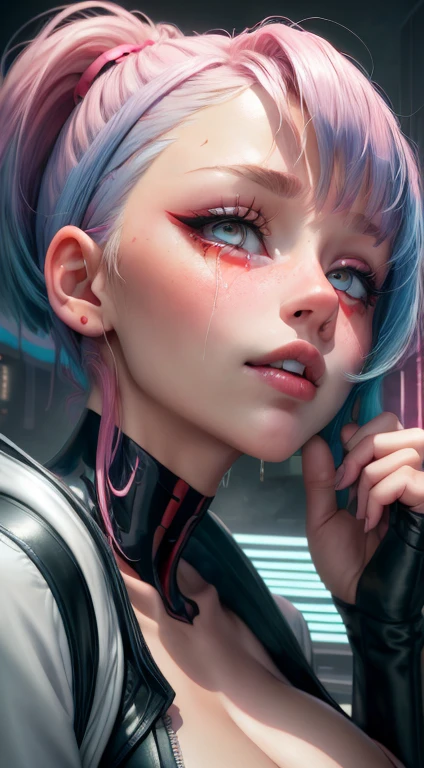 ((hyper realism)), fisheye photo, lucy \(cyberpunk\), 1girl, (((side view))) perfect model face, oval face, sharp chin, sharp small nose, glossy nose tip, glossy blush cheeks, (((emberressed blushing face expression))), ((eye bags)), bangs, cleavage, blue hair, colored tips, grey eyes, jacket, long sleeves, looking at viewer, medium hair, face portrait, multicolored hair, thick thighs, big breasts, hair flying upwards, parted lips, parted bangs, eyes open, pink hair, portrait, red eyeliner, full glossy lips, solo, white jacket, cyberpunk \(series\), cyberpunk edgerunners, (ahegao:1.1), saliva, drool, tears, masterpiece