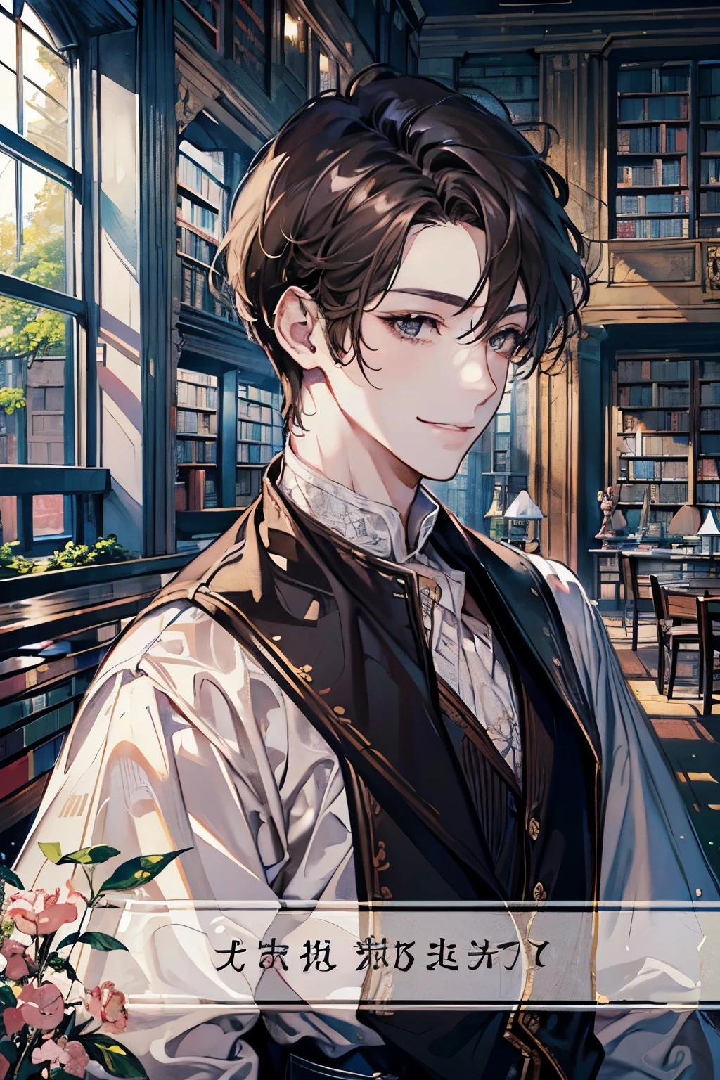 (male:1.35)、(masterpiece、highest quality、highest quality、Beautiful and beautiful:1.2)、(Good anatomy:1.5)、Painting of a male with milky brown straight hair、Shy smile、Sparkling Eyes、looking at the camera、Emerging from among the flowers and leaves、(Library room:1.45)、smile、(dictionary:1.2)、Close-up of face