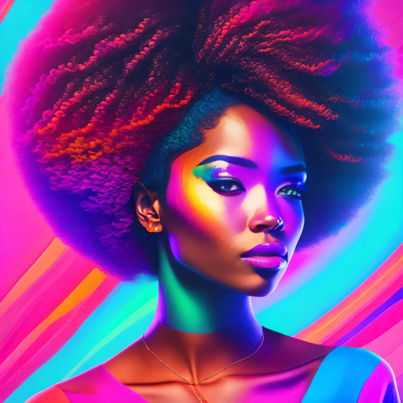 a woman with afro colored mookano hair and earrings, high colored texture, portrait color glamour, detailed color portrait, neon color bleed, high-quality portrait, colorized portrait, ultraviolet and neon colors, color studio portrait, full-colour illustration, vibrant colors hyper realism, vibrant neon colors, pop and vibrant colors, cor neon, colorful fashion, cyberpunk style color, iridescent illustration