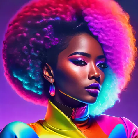 uma mulher com um cabelo mookano afro colorido e brincos, alta textura colorida, glamour da cor do retrato, retrato colorido det...