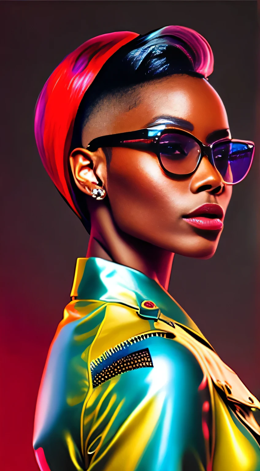 una mujer AFRICANA un par de gafas, Cabello afilado, bien cortado, Bien afeitado en los lados y la espalda., Estilo, Una pieza loca de los años 90., juguetes, Chaqueta de látex Trackextura colorida, Glamour del color de la imagen, retrato en color detallado, retrato de alta calidad, color neon sangrar, retrato colorido, retrato de estudio en color, colores ultravioleta y neón, ilustración a todo color, Colores vibrantes hiper realismo., colores vibrantes de neón, Pop y colores vibrantes, moda colorida, color neon, cor estilo cyberpunk, Ilustración iridiscente(mejor calidad,Alto,ultra detallado,Realista:1.37),retrato,personaje femenino,mono militar de látex rojo,(ajuste apretado,recuado,necesario,elaborar),Parte inferior lisa Cabello lateral afeitado Top corto, corte de pelo recortado de duendecillo negro, cabello natural, pelo corto y rizado, lados afeitados, pelo corto a los lados de la cabeza, pelo negro corto con gel, corte de pelo corto tipo cortina negro, pelo corto y rizado negro, Contornos suaves y definidos