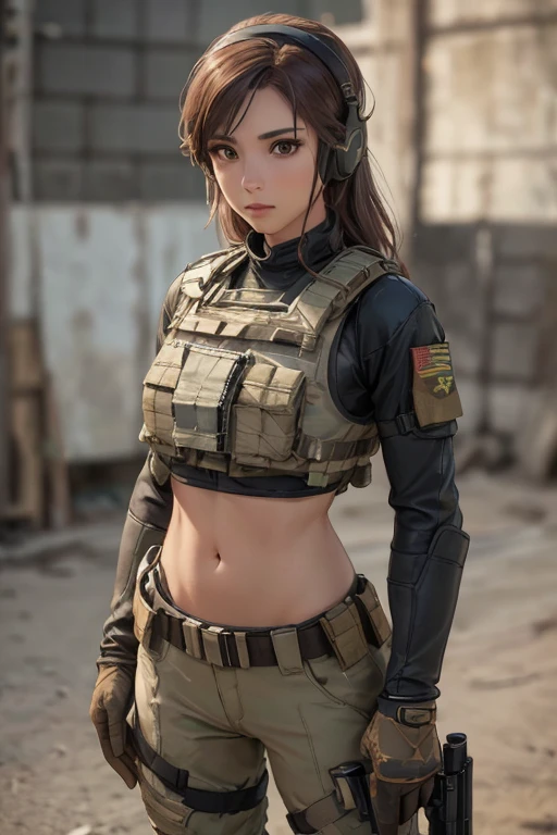 ((a woman in a white outfit holding a rifle and wearing headphones)), 24-year-old woman, Filipino woman, tan bronze skin, soldier girl, mechanized soldier girl, military girl, beautiful female soldier, female lead character, infantry girl, of a sniper girl in war, solo female character, future combat gear, close up half body shot, ((Women in crop top military bulletproof vest)), (showing navel), quiet from metal gear solid v, wearing tactical gear, dressed in tactical armor, (aiming rifle)