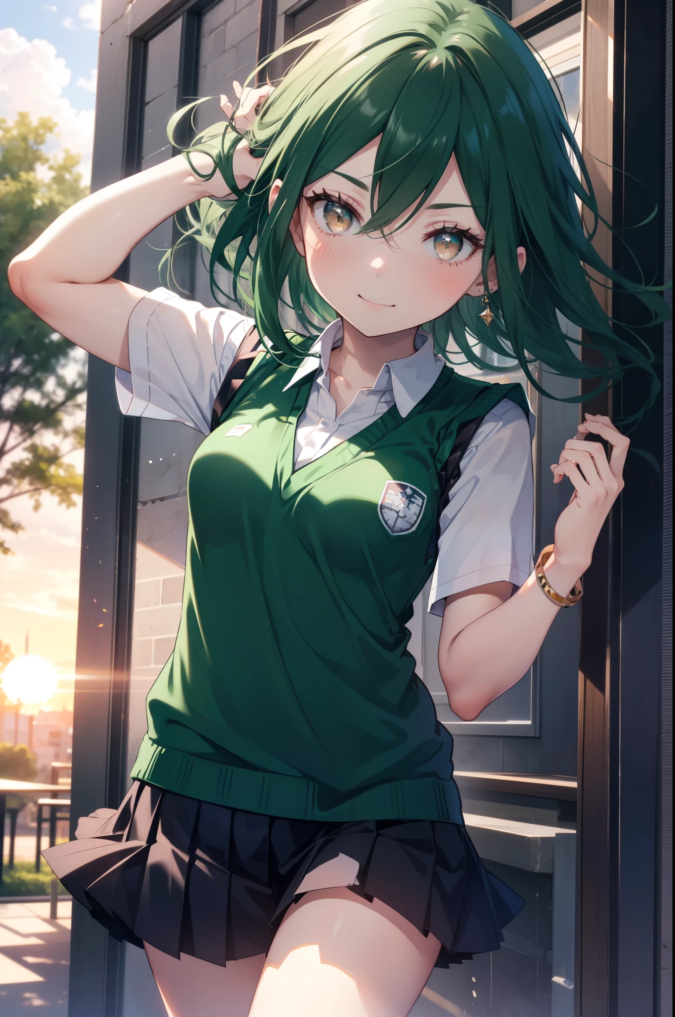 CruschKarsten, Crusch Karsten, Long Hair, Hair between the eyes, Green Hair, (Brown eyes:1.4),smile,,
Armband, White shirt,Short sleeve,Sweater vest, (green Sweater vest:1.5),Black pleated skirt,Black socks,Brown Loafers,whole bodyがイラストに入るように,Sunset,evening,The sun is setting,歩いている
break outdoors, School　courtyard,
break looking at viewer,whole body,
break (masterpiece:1.2), highest quality, High resolution, unity 8k wallpaper, (shape:0.8), (Beautiful and beautiful eyes:1.6), extレムely detailed face, Perfect lighting, extレムely detailed CG, (Perfect hands, Perfect Anatomy),