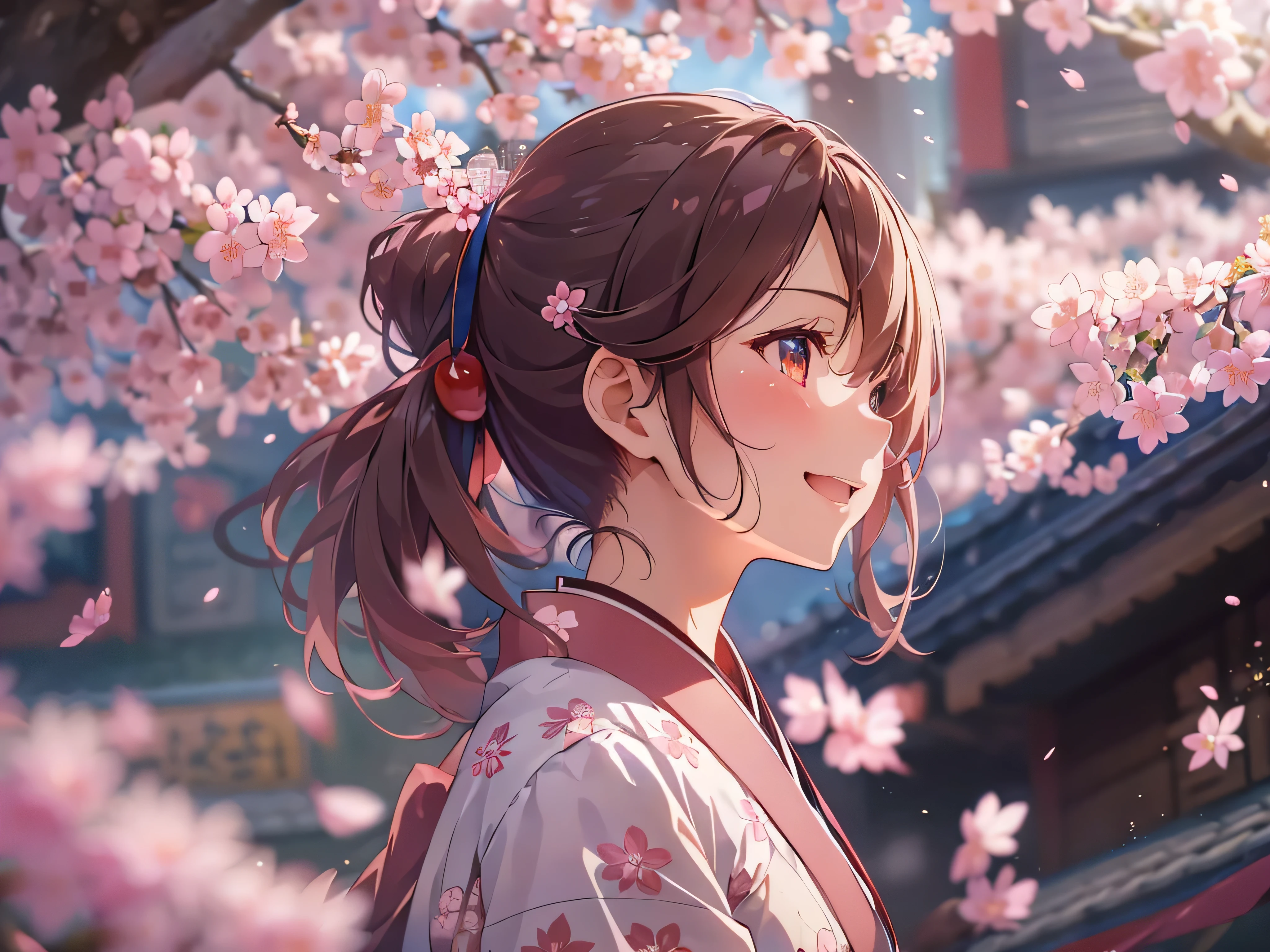 (cherry blossom background)、everyone, and a girl with a fleeting face smiles as she looks at me,brown hair, short ponytail, cheek pull, depth of field, cinematic lighting, first-person view, UHD, retina, masterpiece, highres, best quality、((High resolution))、one girl、(A sassy-looking woman with slanted eyes)、(wind), ((cherry blossom blizzard))、(profile)、cherry blossom pattern kimono、(wide angle:1.2),afterimage, lens flare, f/1.2, 35mm, foreshortening, rococo style