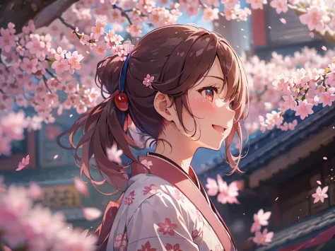 (cherry blossom background)、everyone, and a girl with a fleeting face smiles as she looks at me,brown hair, short ponytail, chee...