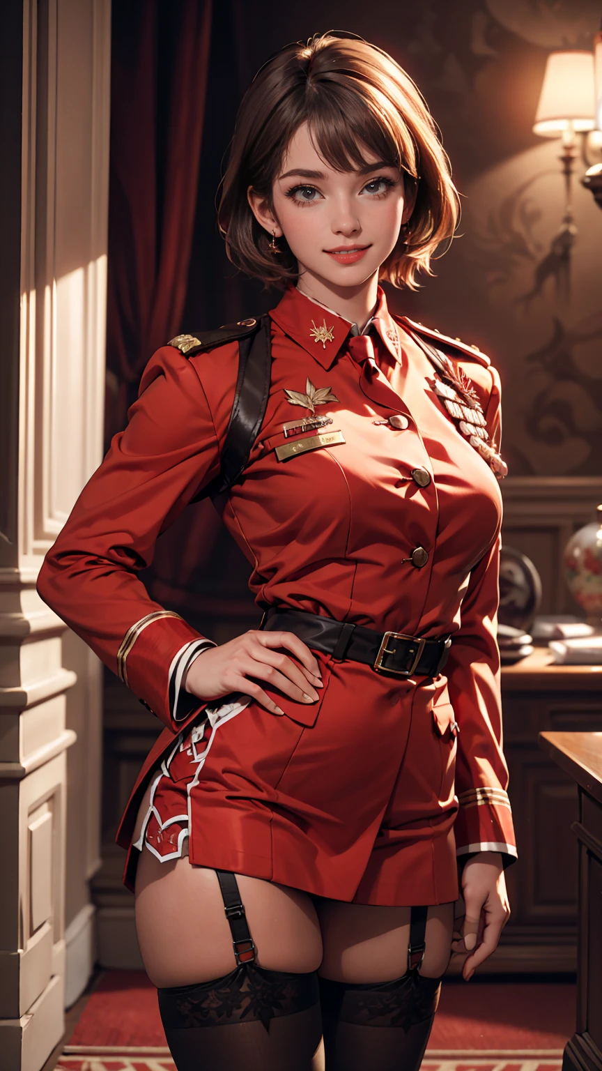 (Realistic:1.5), (Realistic:1.4), 8k, Ultra high quality beautiful girl,Chisato, One Girl, bangs, indoor, short hair, smile, alone, Are standing, Sexy pose, Beautiful small breasts, Red Uniform, Garter Straps, stockings, Put your hands behind your back, Red side ribbon, Licorice Reaction Uniform,（Adult sexiness、Attractive eyes）