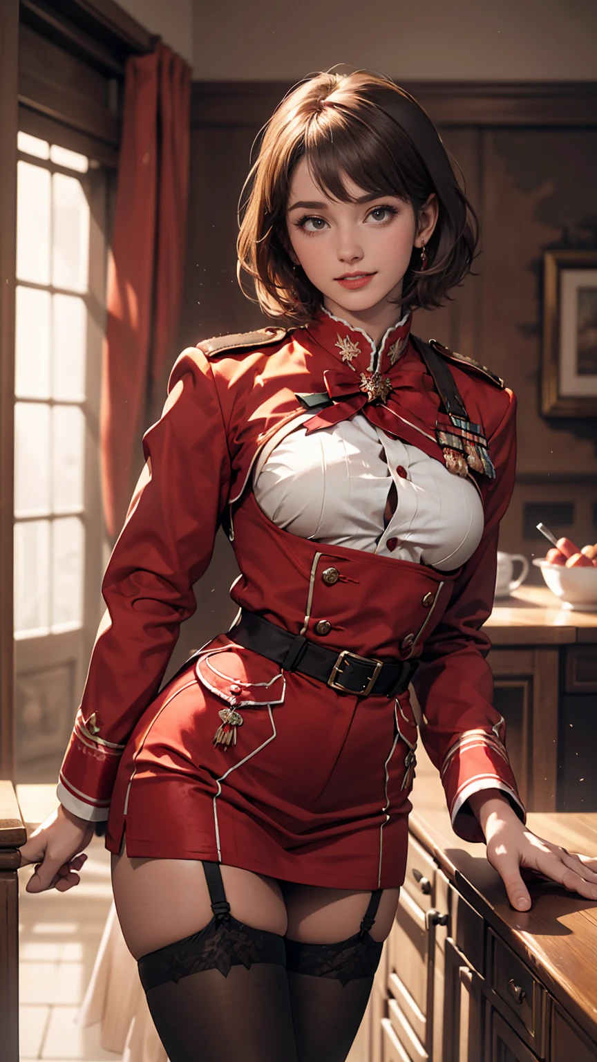 (Realistic:1.5), (Realistic:1.4), 8k, Ultra high quality beautiful girl,Chisato, One Girl, bangs, indoor, short hair, smile, alone, Are standing, Sexy pose, Beautiful small breasts, Red Uniform, Garter Straps, stockings, Put your hands behind your back, Red side ribbon, Licorice Reaction Uniform,（Adult sexiness、Attractive eyes）