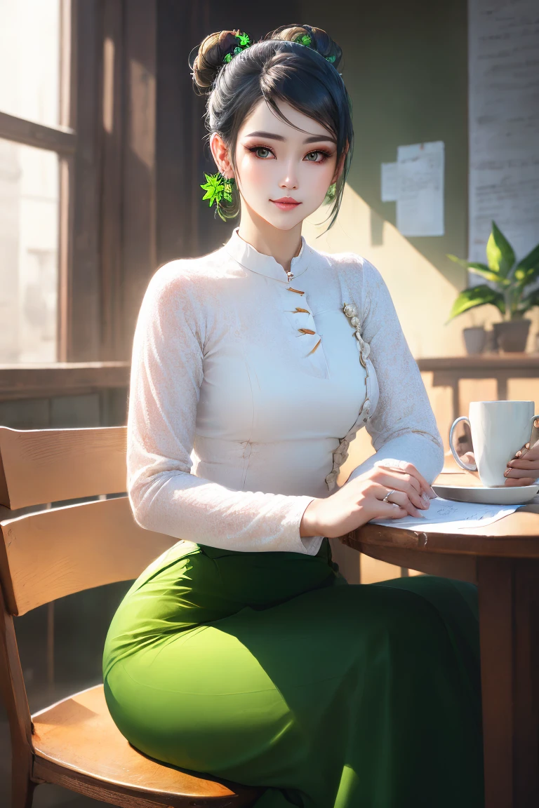 Portrait of a stunning young woman with a stylish hair bun, captivating gaze, and a warm atmosphere of a cozy coffee shop, realistic shading, fine details, exquisite lighting, digital painting, (wearing acmmsayarma outfit, acmmsayarma white top with buttons, long sleeves), ((acmmsayarma green long skirt))