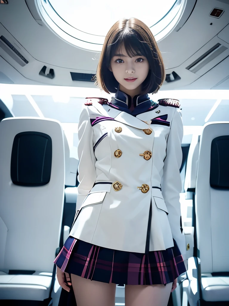 highest quality,Ultra-high resolution,girl,beautiful girl,Bob Hair,Clear double eyelids,Big Eyes,Slender face,smile,Nogizaka48,looking at the camera,Gundam Costumes,mini skirt,Inside the spaceship,salute