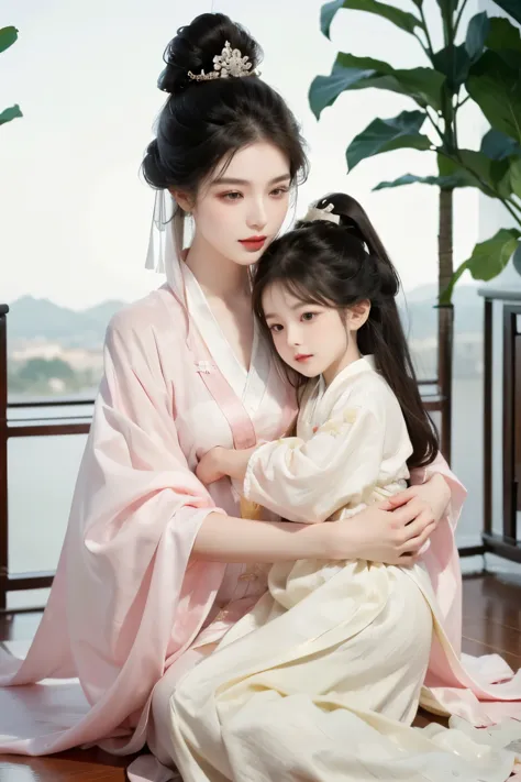 A beautiful woman holding a little girl，Quiet and peaceful，A faint smile，Chinese Palace，Chinese clothing and accessories，Black H...