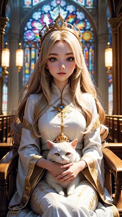 In a grand cathedral, a beautiful young woman sits in the center, wearing a radiant golden crown. She has long blonde hair and l...