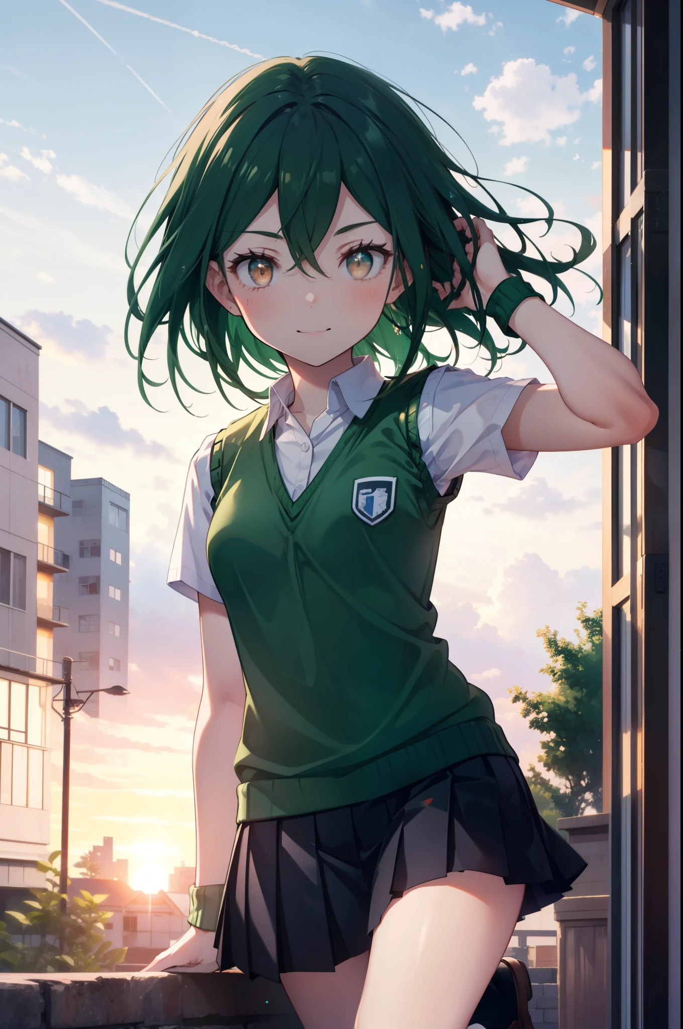 CruschKarsten, Crusch Karsten, Long Hair, Hair between the eyes, Green Hair, (Brown eyes:1.4),smile,,
Armband, White shirt,Short sleeve,Sweater vest, (green Sweater vest:1.5),Black pleated skirt,Black socks,Brown Loafers,whole bodyがイラストに入るように,Sunset,evening,The sun is setting,歩いている
break outdoors, School　courtyard,
break looking at viewer,whole body,
break (masterpiece:1.2), highest quality, High resolution, unity 8k wallpaper, (shape:0.8), (Beautiful and beautiful eyes:1.6), extレムely detailed face, Perfect lighting, extレムely detailed CG, (Perfect hands, Perfect Anatomy),