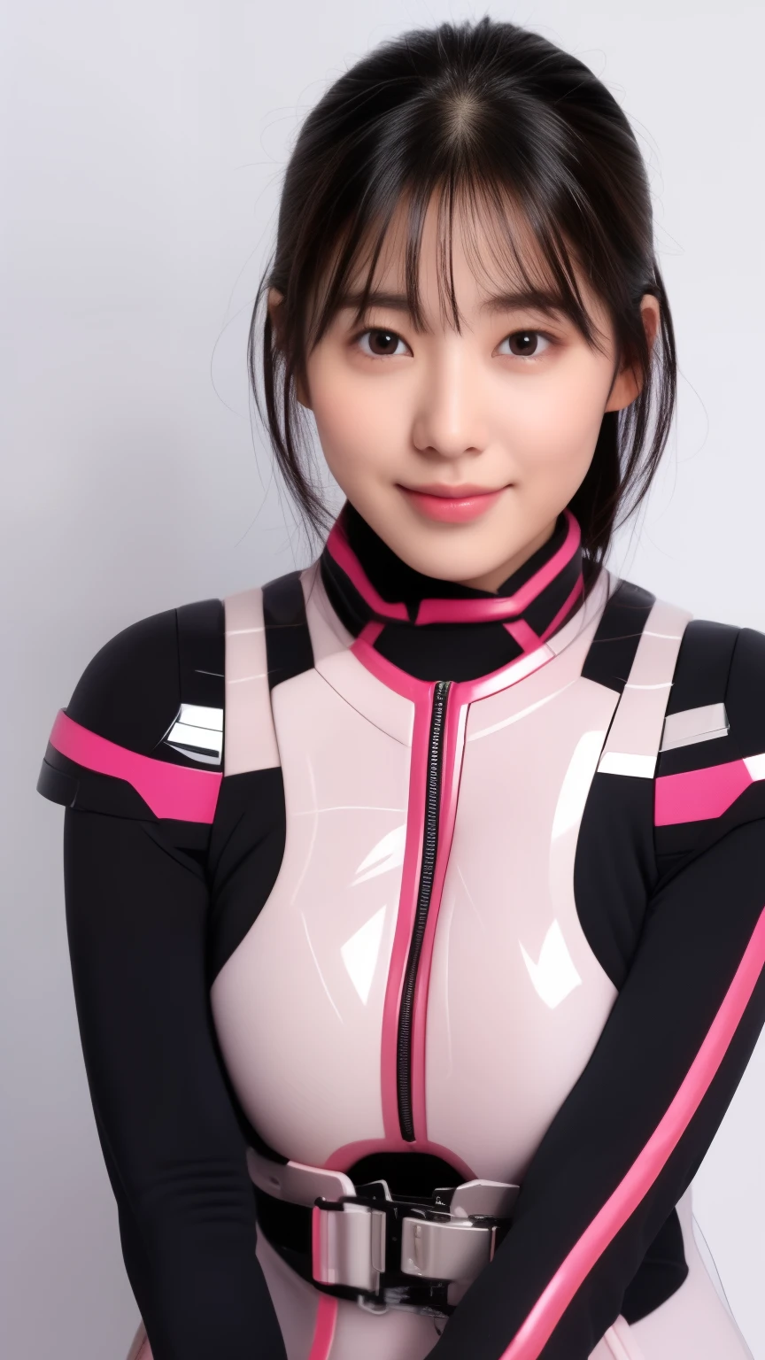 A 25 year old woman wearing a sexy dark pink and white glossy skin-tight hero suit:1.5, highest quality, High resolution, 8k, One girl, Huge breasts :1.5, (bangs,Black Hair,Shortcuts), Shiny skin, View your viewers, smile, whole body:1.5、NSFW:1.5