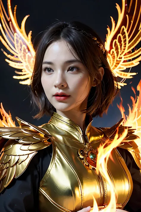 Close-up of a woman with fire and flames on her body., With fiery golden wings. of flame, With fiery golden wings., Grand fantas...