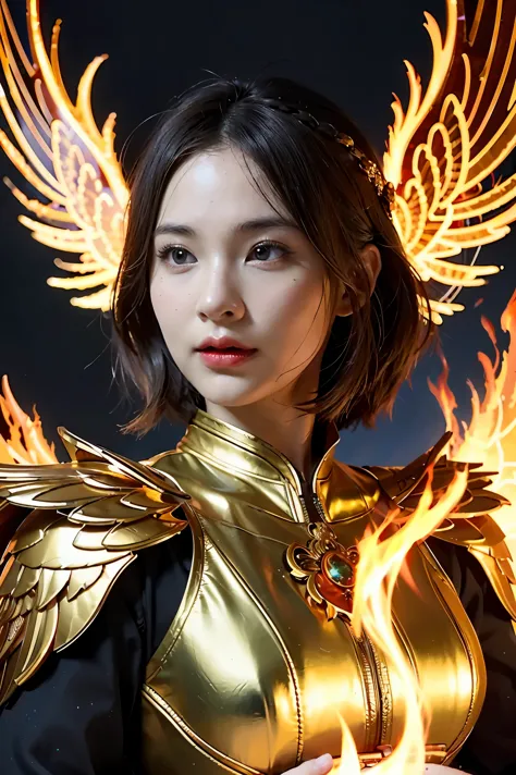 close-up of a woman with fire and flames on her body., with fiery golden wings. of flame, with fiery golden wings., grand fantas...