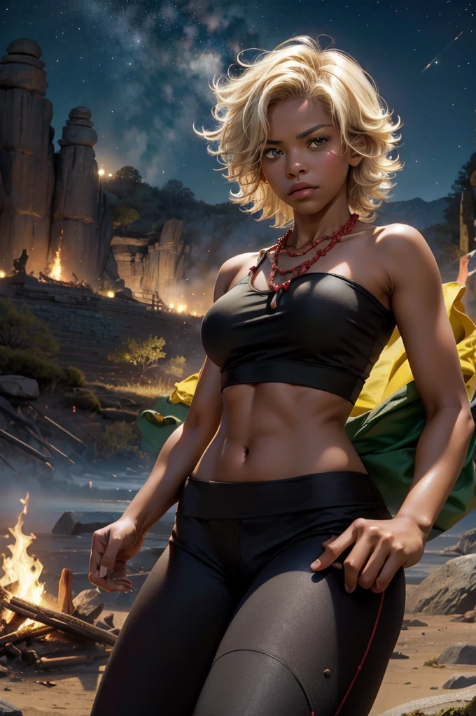 arslanaltan, 1girl, blonde hair, short hair, green eyes, dark skin, brown skin, hair ornament, t-shirt, bare shoulders, yoga pants, necklace, (Masterpiece, Best Quality, Highres:1.2), Detailed, Intricate Details, 4K, solo, cowboy shot, high rating, fighting stance, fighting pose, mountainside, bonfire, crowd, night, stars,  closed mouth, serious look, serious expression, looking at viewer,