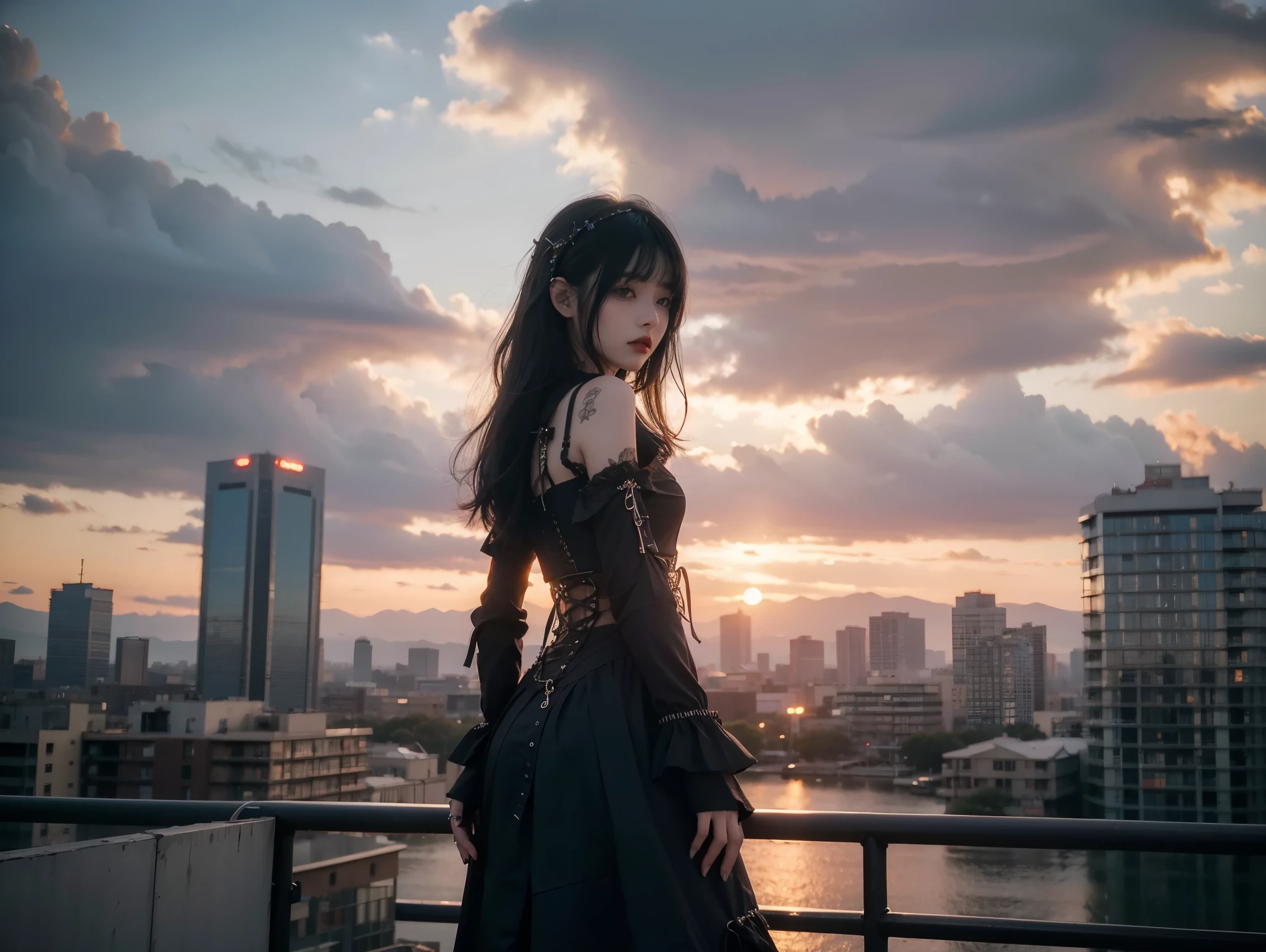 cowboy shot, from below, Breathtaking, Girl , Sky, Cloudy, rooftop, 24-years-old, slender, floating Medium Hair, bangs, (Gothic_Punk:1.2), masterpiece, best quality, RAW Photos, candytt, Detailed costume, fine texture background