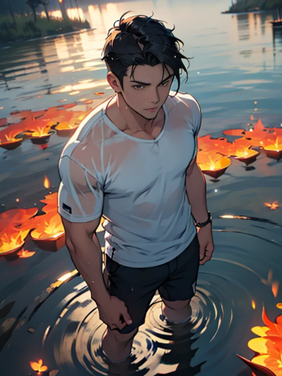 black hair, short hair, pointy hair, glowing eyes, unconscious, アニメ style, アニメ, anaglyph, from above, Ultra-Wide Angle, masterpiece, anatomically correct, high details, high quality, best quality, highres, water surface，Male Characterale focuan，Wearing a white top，Wet clothes，Standing in the lake，dark night background，Field background，night，(Dim light:1.3)，(Holding flames in both hands:1.3)，Lake reflection flame，Wet hair，Water droplets on the skin, Facing the camera，The water surface is not up to the waist