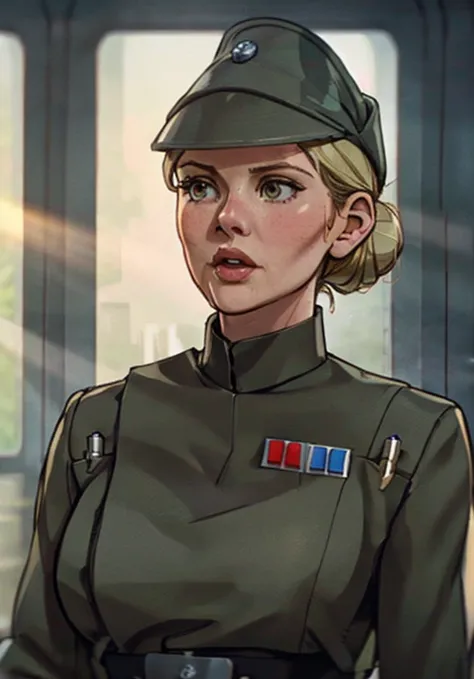 Disney style animation, Elisha Cuthbert in olive gray imperialofficer uniform and hat, blonde hair in bun, subsurface scattering...