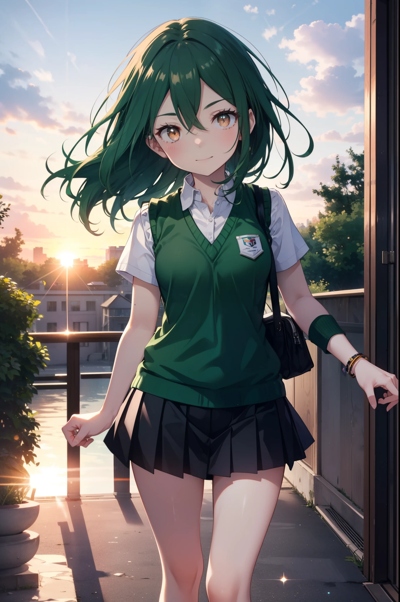 CruschKarsten, Crusch Karsten, Long Hair, Hair between the eyes, Green Hair, (Brown eyes:1.4),smile,,
Armband, White shirt,Short sleeve,Sweater vest, (green Sweater vest:1.5),Black pleated skirt,Black socks,Brown Loafers,whole bodyがイラストに入るように,Sunset,evening,The sun is setting,歩いている
break outdoors, School　courtyard,
break looking at viewer,whole body,
break (masterpiece:1.2), highest quality, High resolution, unity 8k wallpaper, (shape:0.8), (Beautiful and beautiful eyes:1.6), extレムely detailed face, Perfect lighting, extレムely detailed CG, (Perfect hands, Perfect Anatomy),