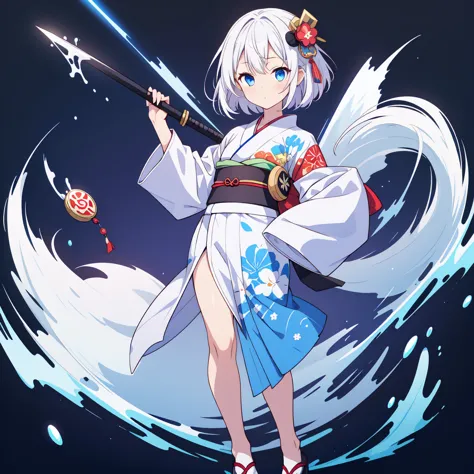 a girl in a kimono stands holding a jet black japanese sword with a glittering tsuba、white medium hair、blue eyes、a kimono with a...