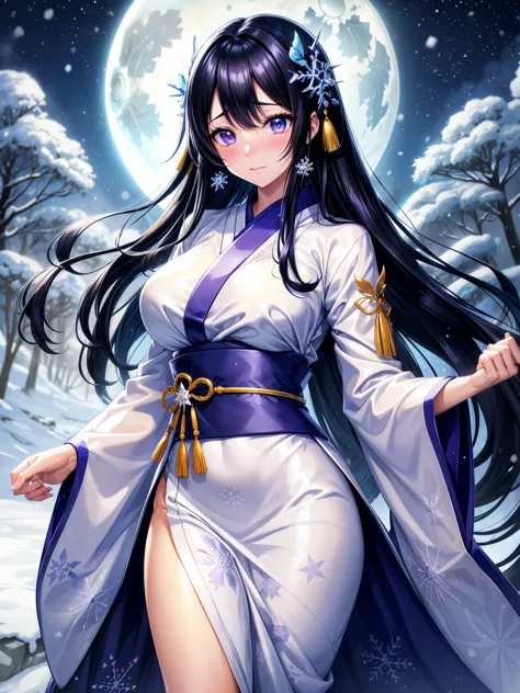 score_9_up, score_8_up, score_7_up, dynamic pose, upper body, close-up, 1girl, yuki-onna, very long hair,  black hair, straight ...