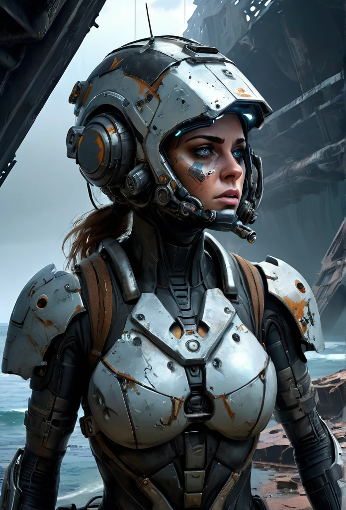 A stranded female Cyborg Soldier in an abandoned Battle Starship Shipwreck, dystopian futuristic scene, realistic style in Don Lawrence brush stroke, oil on canvas, octane render with dramatic lighting and strong shadows, her clothing is tattered and worn out, she has a scar or battle wound, she is wearing a futuristic helmet or visor, she has mechanical enhancements like cybernetic eyes, the shipwreck environment feels eerie and desolate, there is some broken machinery or equipment around her, and her expression is determined and battle-worn