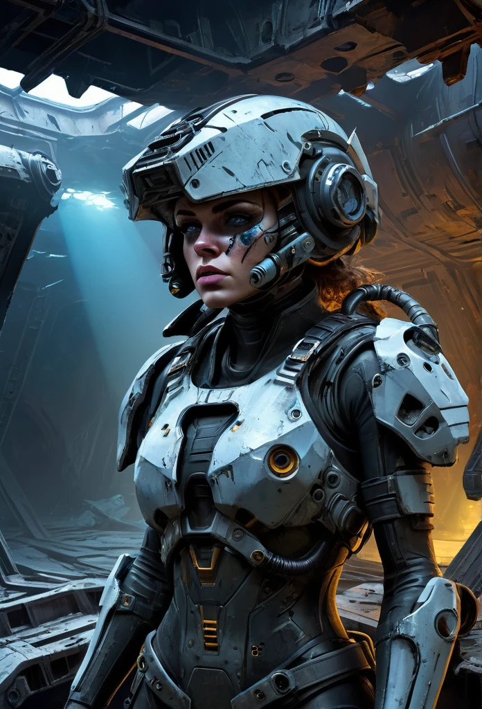 A stranded female Cyborg Soldier in an abandoned Battle Starship Shipwreck, dystopian futuristic scene, realistic style in Don Lawrence brush stroke, oil on canvas, octane render with dramatic lighting and strong shadows, her clothing is tattered and worn out, she has a scar or battle wound, she is wearing a futuristic helmet or visor, she has mechanical enhancements like cybernetic eyes, the shipwreck environment feels eerie and desolate, there is some broken machinery or equipment around her, and her expression is determined and battle-worn