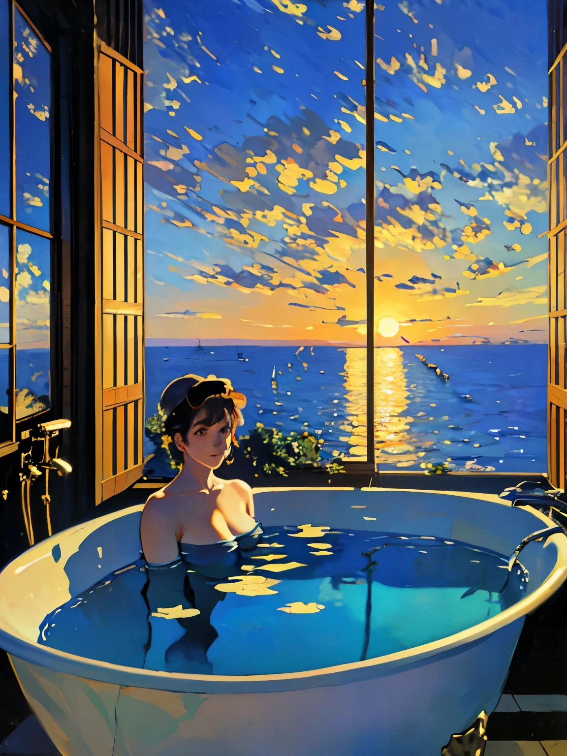 Beautiful oil painting of the Canary Islands in the style of Claude Monet、Outdoor, Clear blue sky, Beautiful Clouds、Outdoor, Clear blue sky, Beautiful Clouds、((Sunset seen through the large window from the bath:1.2))