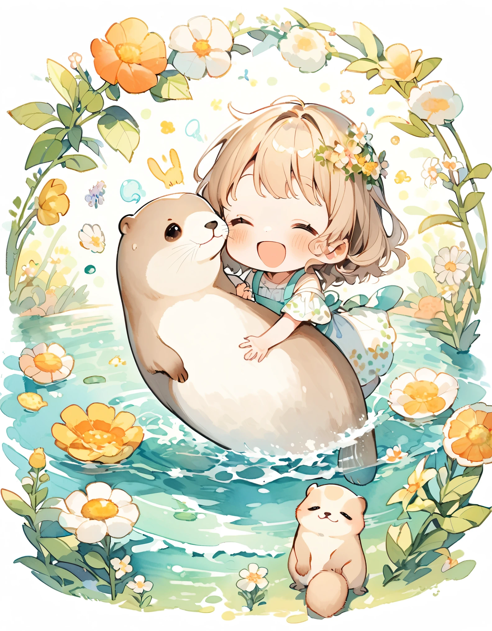 Otter, 1匹のコツメOtter,((Playing by the water)), wood々and flowers々, content:Watercolor. style:Whimsical and delicate, Like an illustration in a children&#39;s book.