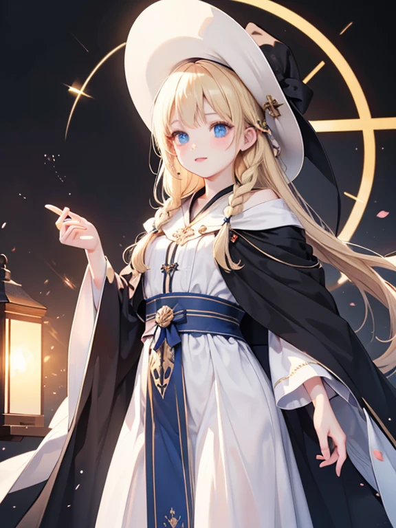 masterpiece, highest quality, Very detailed, 16k, Ultra-high resolution、Cowboy Shot, One 14-year-old girl, Detailed face, Perfect Fingers, blue eyes, Blonde, Braid, The figure of the wizard, Long pointed hat, Long black robe, Wizard&#39;s wand, Crystal ball on desk, Dim Cave, Number of experimental tools々