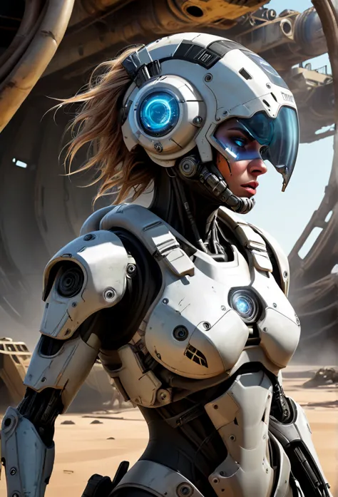 a stranded female cyborg soldier in an abandoned battle starship shipwreck, dystopian futuristic scene, realistic style in don l...