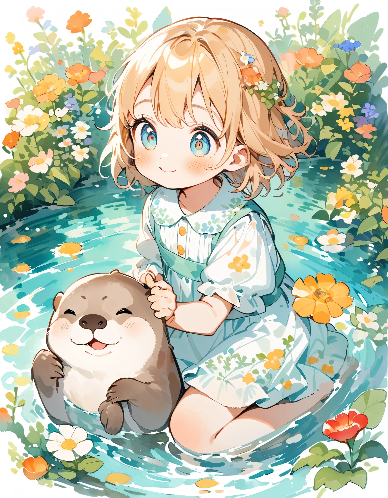 Otter, 1匹のコツメOtter,((Playing by the water)), wood々and flowers々, content:Watercolor. style:Whimsical and delicate, Like an illustration in a children&#39;s book.