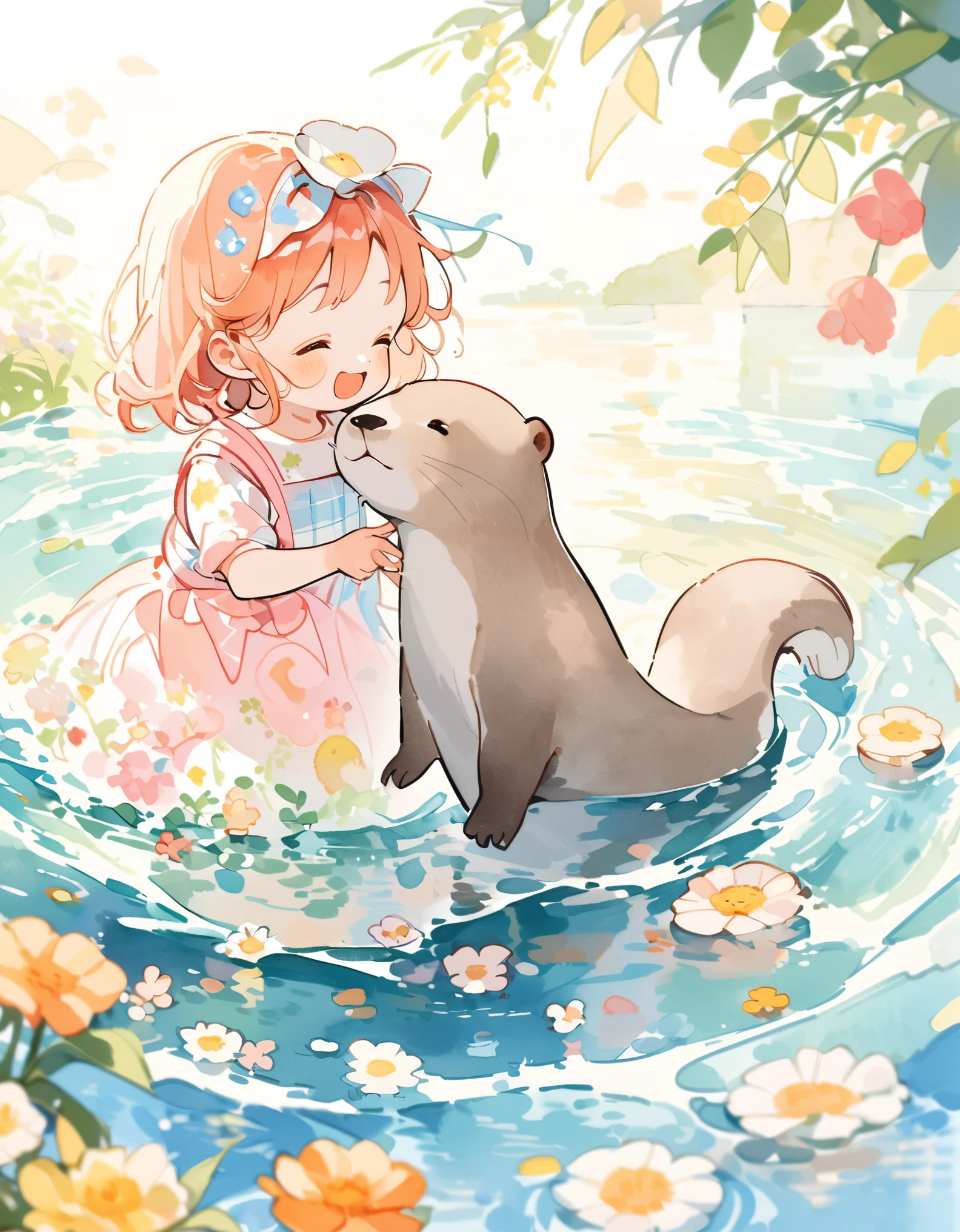 Otter, 1匹のコツメOtter,((Playing by the water)), wood々and flowers々, content:Watercolor. style:Whimsical and delicate, Like an illustration in a children&#39;s book.