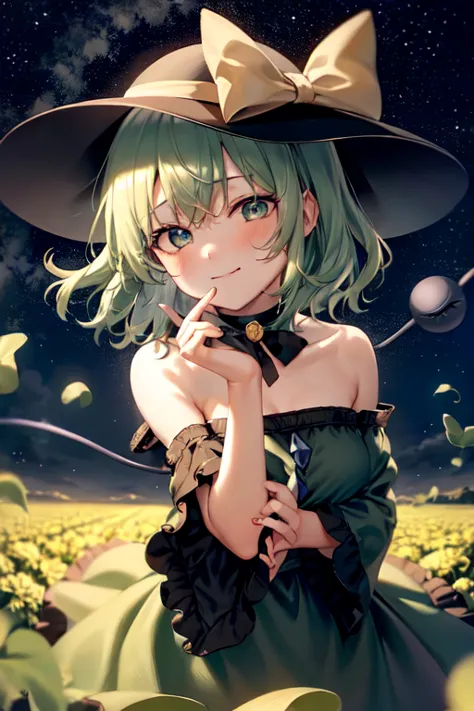 masterpiece, best quality, 1girl, solo, green eyes, komeiji koishi, hat, green hair, nail art, flower, blue flower, blue rose, r...