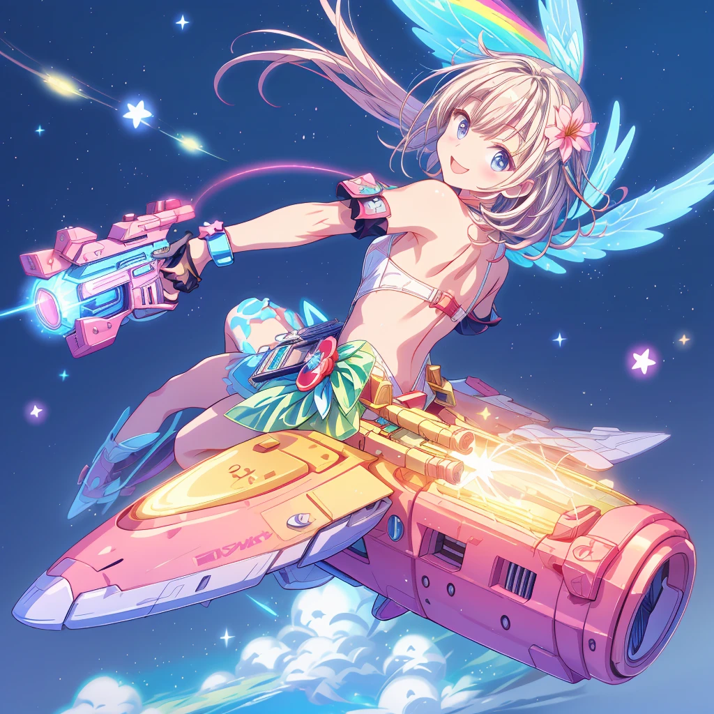 Star Fairy、CG Game Plane bsw Riding on a flying vehicle、Smiling at the audience、He has a laser gun on his back、kawaii tech,Flower storm、rainbow、