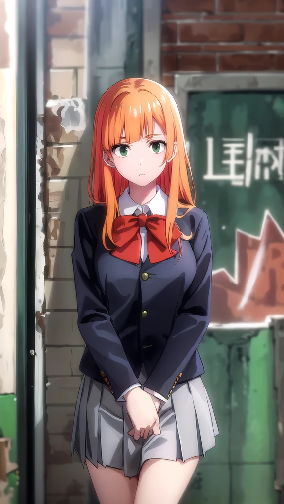 best quality,4k,8k,highres,masterpiece:1.2),umasterpiece,high quality,solo,
Orange hair, green eyes, 
gray skirt, white long sleeve blouse, red bow, , green blazer, high quality, school graffiti in the background. 