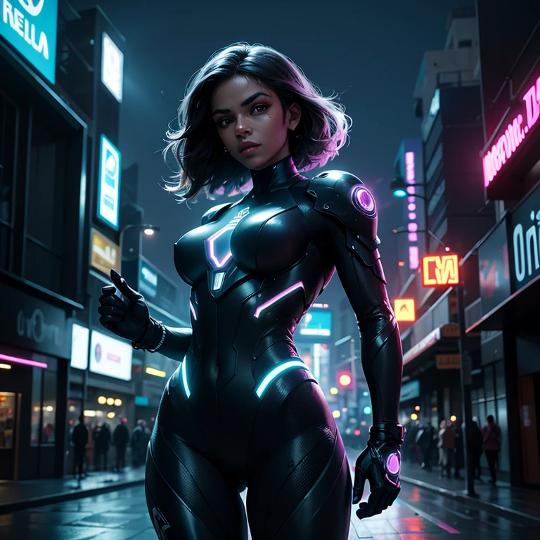 melhor qualidade, fotografia, cinematic lighting, intricado, cinematic detailed realista background, rosto detalhado, corpo todo, realista, 1 garota negra correndo, paisagem futurista, scifi, olhando para o espectador, Pose de modelo, traje futurista ciborg, neon lighting. Full hd