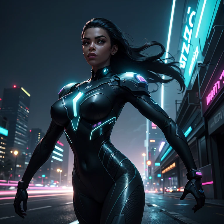 melhor qualidade, fotografia, cinematic lighting, intricado, cinematic detailed realista background, rosto detalhado, corpo todo, realista, 1 garota negra correndo, paisagem futurista, scifi, olhando para o espectador, Pose de modelo, traje futurista ciborg, neon lighting. Full hd