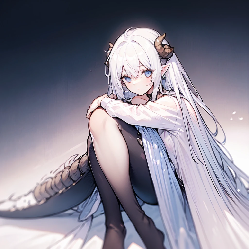 ((masterpiece)), ((bestquality)), 1 girl, solo, a 15-year-old girl, white hair, blue eyes, detailed face, dragonian_head, dragonian_body, dragonian_hairstyle, dragonian_horns, dragonian_tail, white tail, white long dress, black choker, silver circlet on head, close range, ((hugging own legs)), sitting,  ((white background))