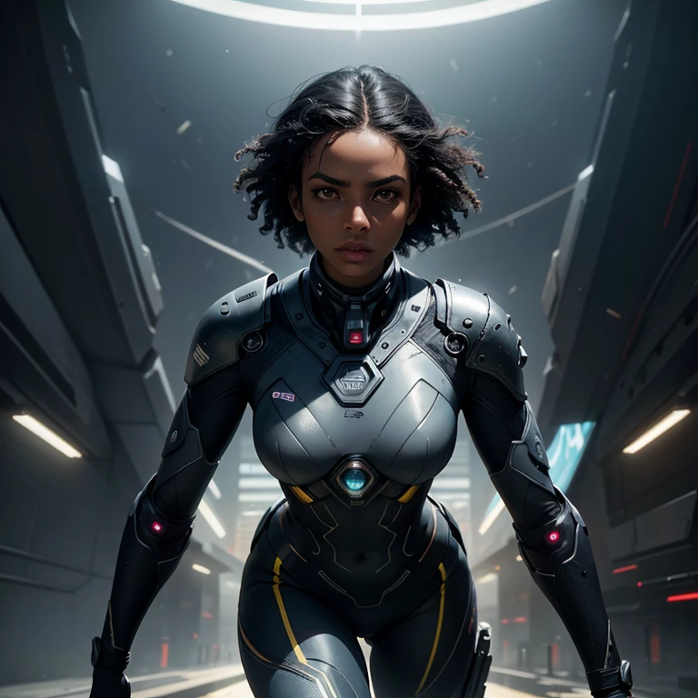 melhor qualidade, fotografia, cinematic lighting, intricado, cinematic detailed realista background, rosto detalhado, corpo todo, realista, 1 dark skin woman correndo, paisagem futurista, scifi, olhando para o espectador, Pose de modelo, scifi outfit, ciborg, natural lighting, Full hd