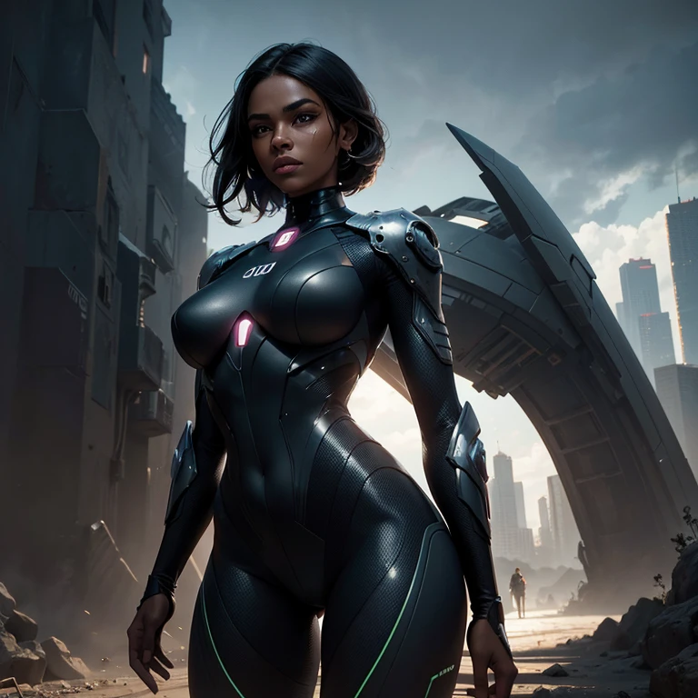 melhor qualidade, fotografia, cinematic lighting, intricado, cinematic detailed realista background, rosto detalhado, corpo todo, realista, 1 dark skin woman correndo, paisagem futurista, scifi, olhando para o espectador, Pose de modelo, scifi outfit, ciborg, natural lighting, Full hd