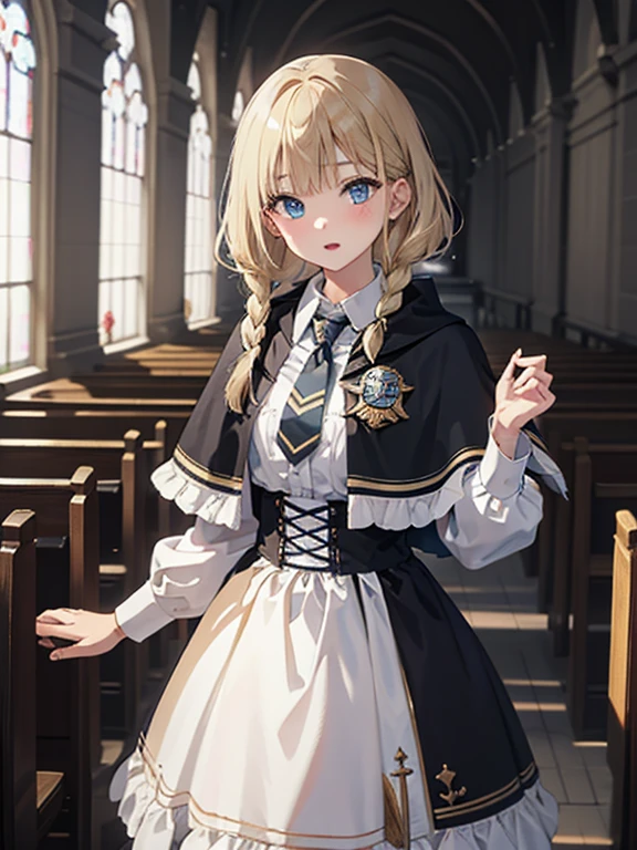 masterpiece, highest quality, Very detailed, 16k, Ultra-high resolution、Cowboy Shot, One 14-year-old girl, Detailed face, Perfect Fingers, blue eyes, Blonde, Braid, cyb dress, collared shirt, long sleeves, necktie, capelet, frills, badge, long dress, Altar of Purgatory, Great Temple, Cathedral, Stand in the center of the screen