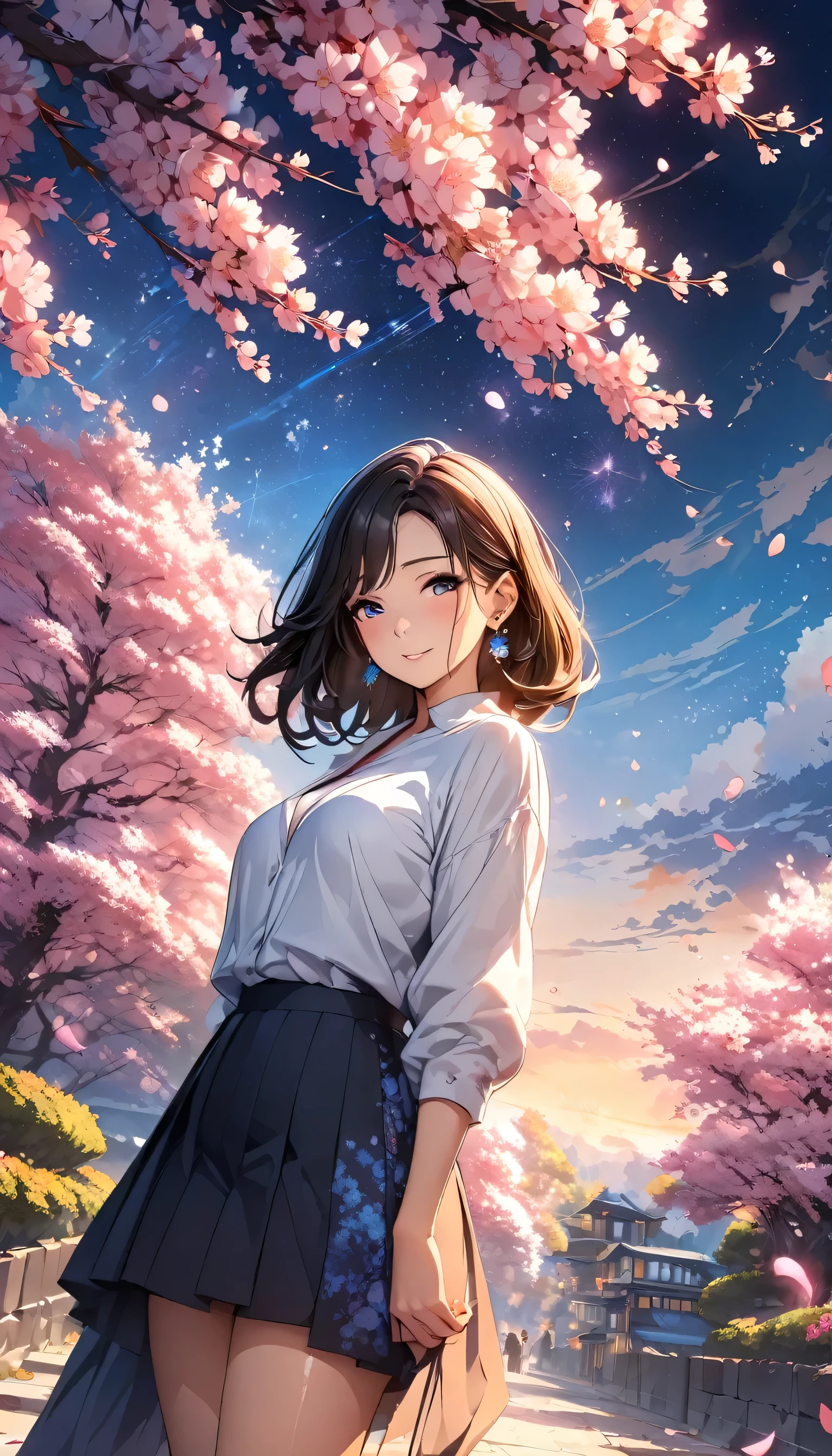 Anime Style, Ultra-fine illustrations, Very detailedな, Dynamic Angle, Beautiful details, 8k, On a Spring Night, Cherry blossom tree illuminated by city lights々is quietly shining. Break A woman stops, I was fascinated by the beautiful scenery, Watching the cherry blossoms fluttering down. Her expression is、It speaks of the coming of spring and a heartfelt admiration for the beauty of cherry blossoms.. masterpiece, highest quality, highest quality, Official Art, beautifully、Aesthetically beautiful:1.2), (1 girl, mature:1.3, Older:1.3), Very detailed,(Fractal Art:1.1),(colorful:1.4)(Flowers:1.3),Most detailed,(Tangled:1.2), (Dynamic pose), (Abstract background:1.3), (Shiny skin), (Many colors:1.4),(Earrings:1.4),