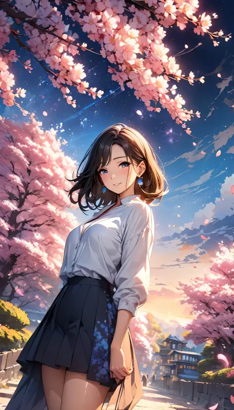 Anime Style, Ultra-fine illustrations, Very detailedな, Dynamic Angle, Beautiful details, 8k, On a Spring Night, Cherry blossom t...