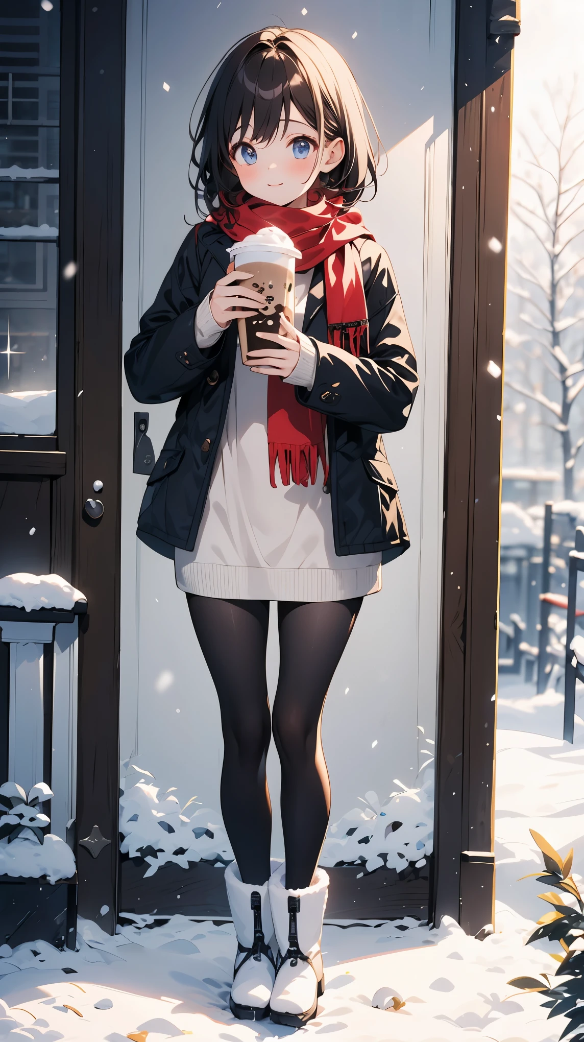 Highest quality，masterpiece，Ultra Detail，girl，winter，Scarf，drinking milktea，Snowflakes falling，Blurred Background，snow boots，Lined sweater，Jackets，shorts，Black tights，sideways，full-body shot，Depth of Field，HD，16k，