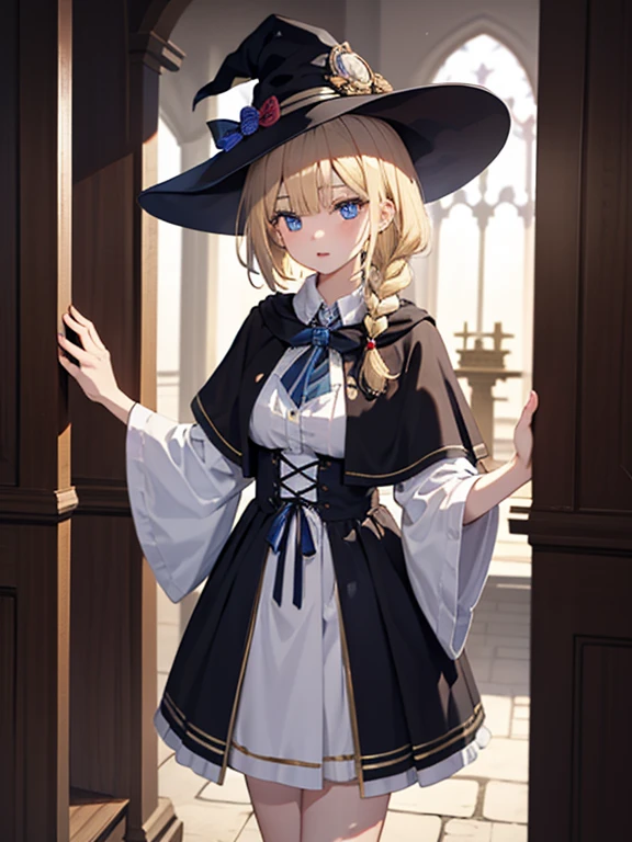 masterpiece, highest quality, Very detailed, 16k, Ultra-high resolution、Cowboy Shot, One 14-year-old girl, Detailed face, Perfect Fingers, blue eyes, Blonde, Braid, Pointed hat, Witch Robe,  Great Temple, Cathedral, Many believers, Stand in the center of the screen